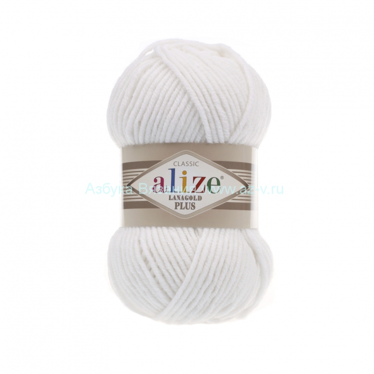 Пряжа Alize Lanagold Plus, белый 055, 49% шерсть, 51% акрил, 100 гр. 